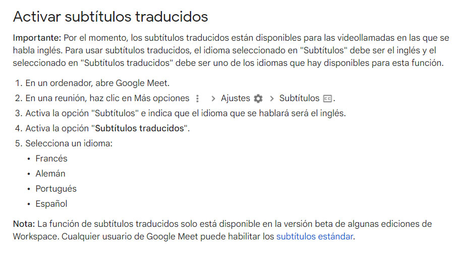 añadir subtítulos traducidos a Google Meet