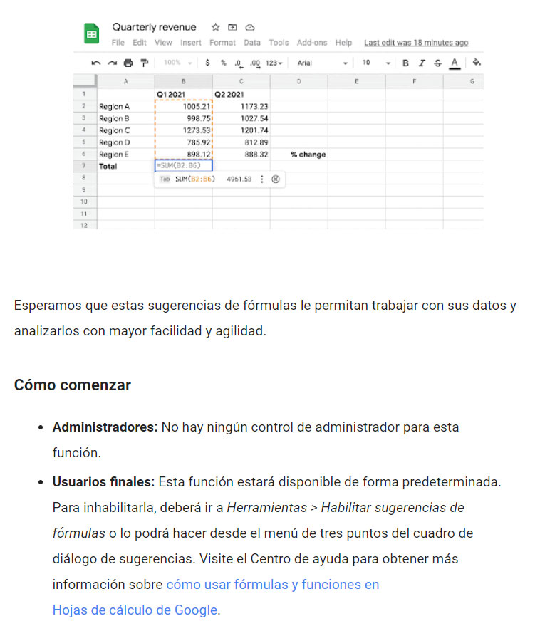  sugerencias inteligentes para fórmulas y funciones en Google Sheets